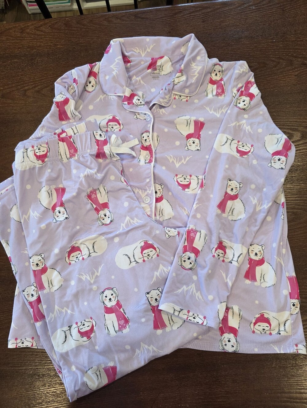 Holiday Time Girls L 10-12 Plus Animal Pajama Set Purple With Winter Polar Bears